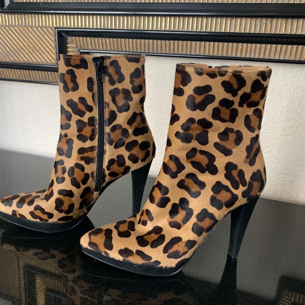 Leopard Print Pony Hair Ankle Boots - Size 7